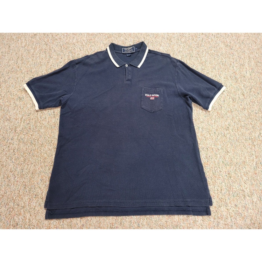 Polo Sport Ralph Lauren Shirt Mens XL Navy Blue Pocket USA Flag Polo Vintage 90s